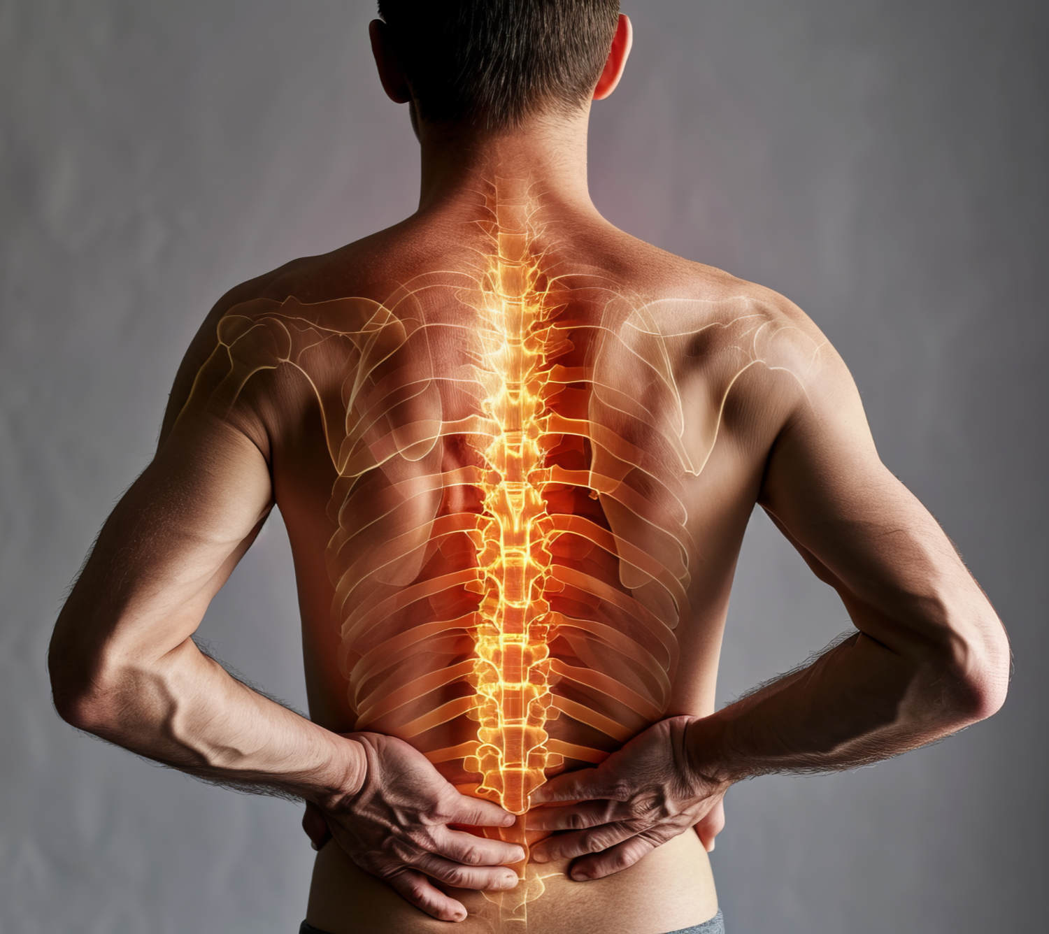 Nell’immagine si vede un uomo di schiena, a torso nudo, che tiene entrambe le mani sulla parte bassa della schiena in un gesto che suggerisce dolore o tensione lombare.<br />
Sovrapposta al suo corpo c’è una rappresentazione luminosa e stilizzata della colonna vertebrale, evidenziata in toni aranciati e gialli, che mette in risalto l’intera struttura vertebrale dalla cervicale al bacino.<br />
L’effetto visivo crea un forte richiamo al tema del mal di schiena, della postura o dei trattamenti chiropratici, dando immediata sensazione di infiammazione e bisogno di sollievo.