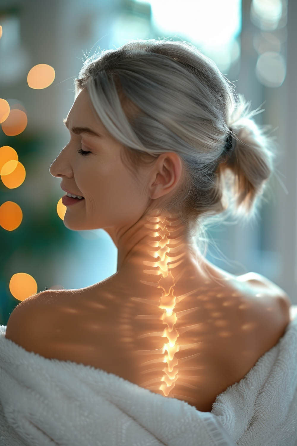 Chiropratica a Torino per Ritrovare Benessere Nell’immagine si vede una donna di profilo, con gli occhi chiusi e un’espressione rilassata. I suoi capelli chiari sono raccolti in un morbido chignon. È avvolta in un asciugamano bianco, a suggerire un momento di benessere o trattamento.<br />
Sulla sua schiena è proiettata o sovrapposta graficamente un’illustrazione luminosa della colonna vertebrale cervicale, che crea un effetto visivo suggestivo e mette in risalto la zona del collo.